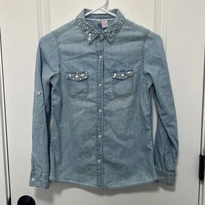 Japna Kids Girls Light Denim Jacket W/Rhinestones & Pearls collar & pocket Sz 14